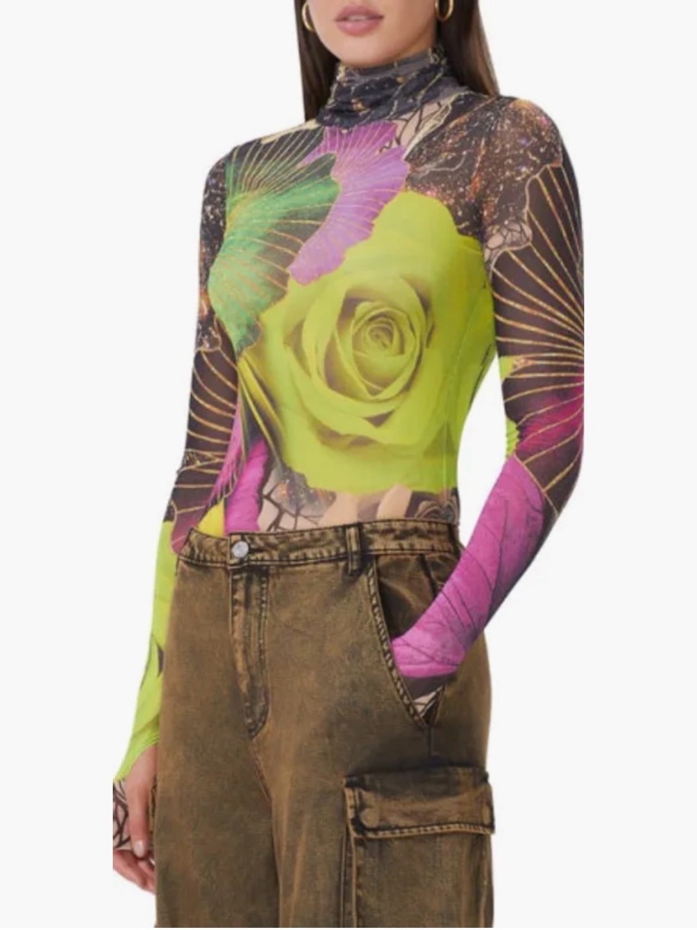 AFRM Revolve Floral Mesh Turtleneck Long-Sleeve Top
